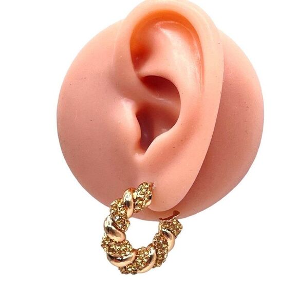 Yellow Gold with Champagne Crystal Twisted Rope Hoop Post Back Earrings - Picture 6 of 6